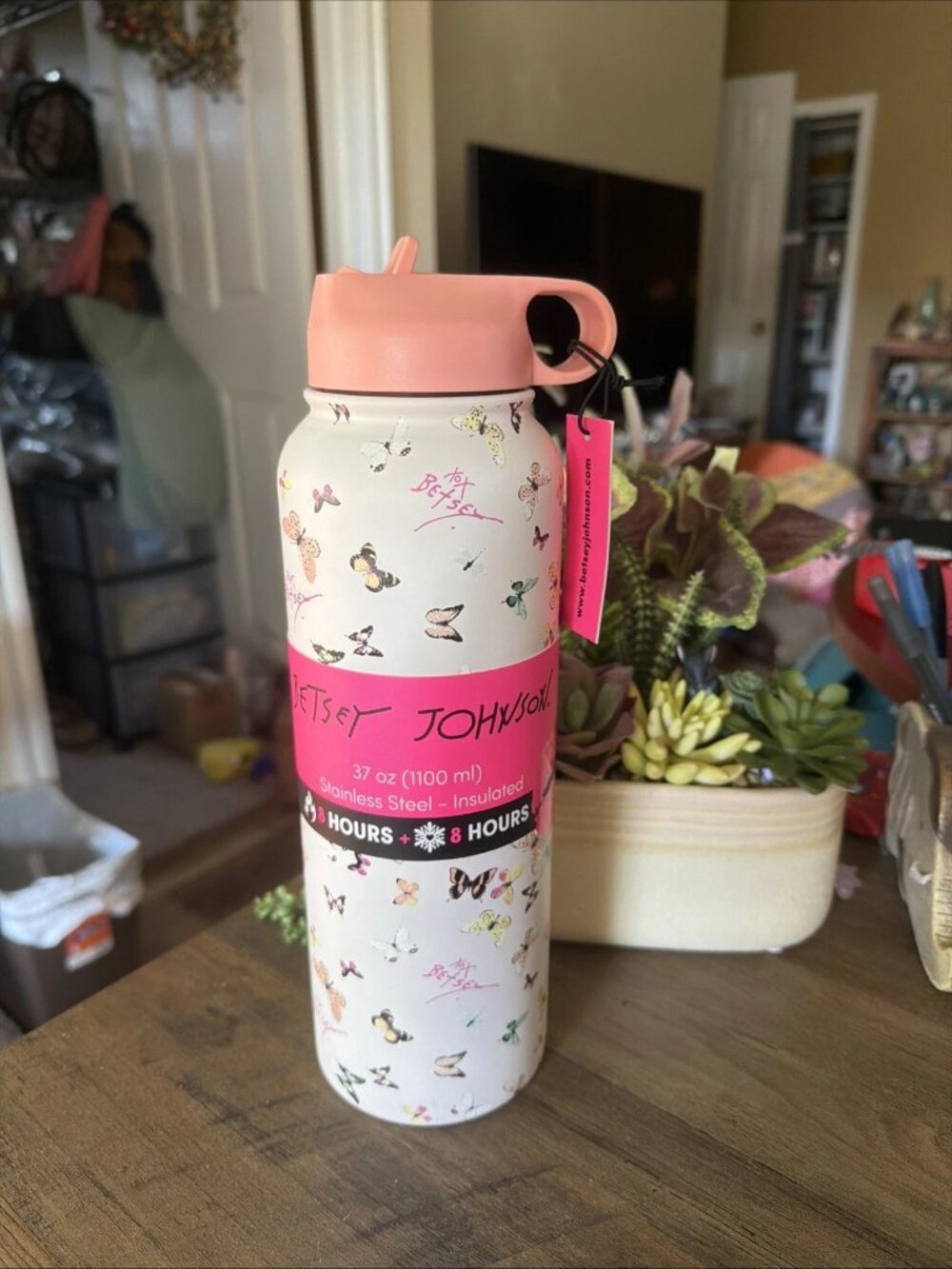 Betsey Johnson 37 oz Stainless Steel Insulated Tumbler - Peach/Butterfly - NWT